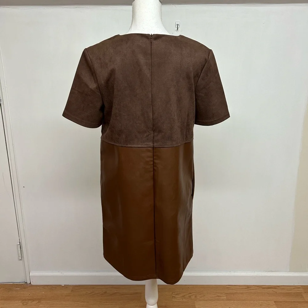 Loveriche Brown Two-Tone Faux Suede & Leather-Look Dress L